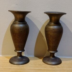Set of 2 Elegant Vintage Brass Vases with Intricate Design